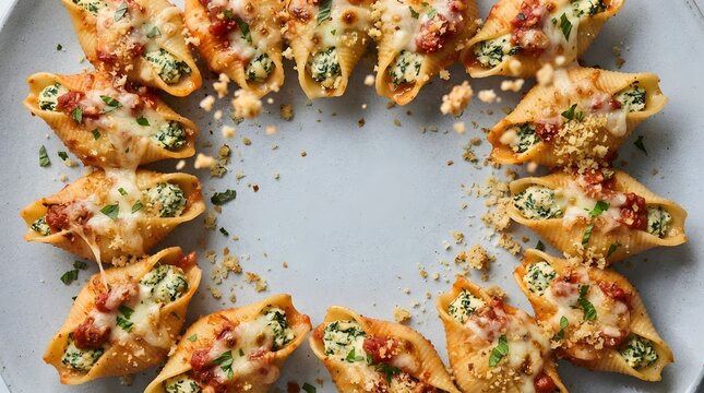 Top view of delicious baked stuffed shells with ricotta, spinach, and marinara sauce arranged in a circle on a grey plate with copy space
