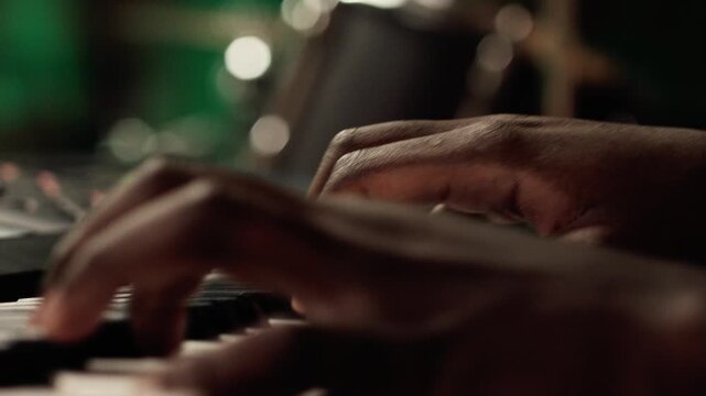 Close-up of hands playing keyboard passage, in live concert performance, with drummer's hands visible playing in background, out of focus. Smooth handheld movement, low-key, high contrast