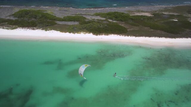 Aerial view of kitesurfer at Los Roques archipelago, Venezuela.