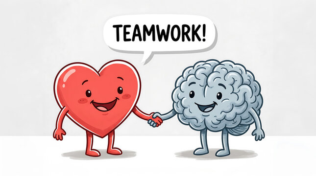 Illustration showing heart and brain shaking hands teamwork concept