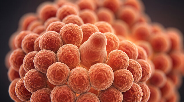 Microscopic view of clustered spherical cells with detailed surface texture