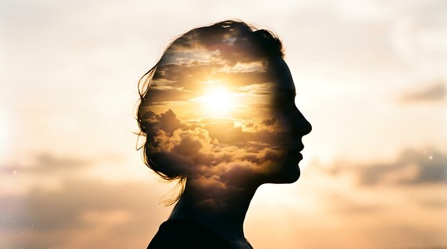 Double exposure profile of a woman with a cloudy sunset sky