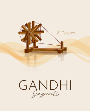 Gandhi Jayanti Celebration Poster with Traditional Charkha Spinning Wheel and Abstract Saffron Waves in Minimalist Vector Illustration