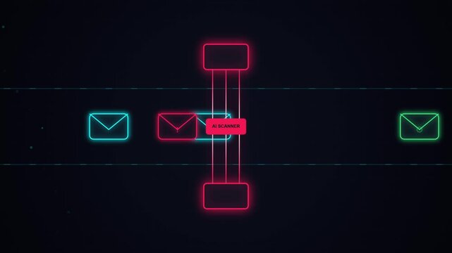 Animation of an AI scanner gate filtering streaming emails on a pipeline track, destroying a malicious phishing threat with red particles. Great for cybersecurity and spam protection video assets.