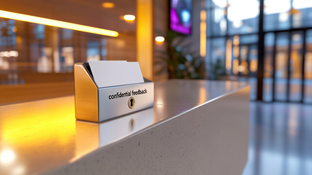 Locked confidential feedback suggestion box with white envelope on neutral reception counter and copy space