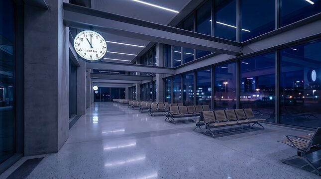 A modern public waiting area terminal interior at 1100 PM with clock showing late night departure hours