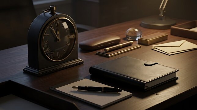 Elegant office desk setup featuring a vintage clock striking 11:00 PM with leather notebook and pen