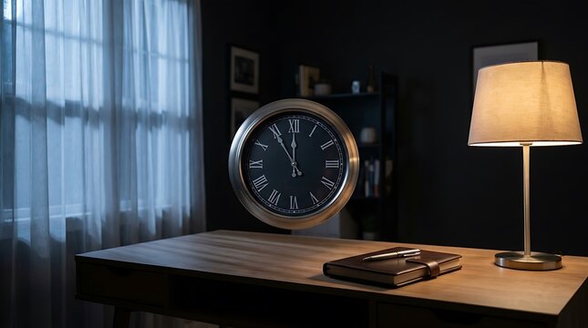 A clock showing 1100 pm in a dark room with a desk lamp, notebook, and curtain for late work time.