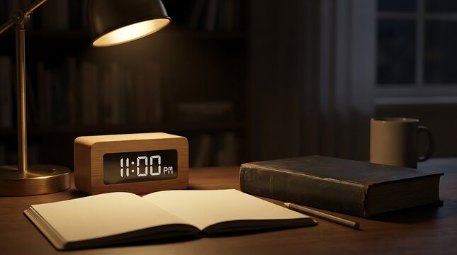 A cozy late night study session with a digital wooden clock showing 1100 PM on a dimly lit desk setup