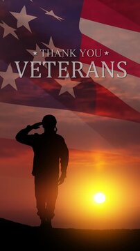 Silhouette of soldier saluting on background of sunset or sunrise and USA flag. Veterans Day, Memorial Day, Independence Day. Vertical video with inscription for social media and stories.