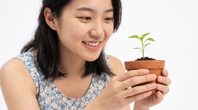 Young Asian Woman Smiling Holding a Small Potted Plant with Green Leaves in Her Hands