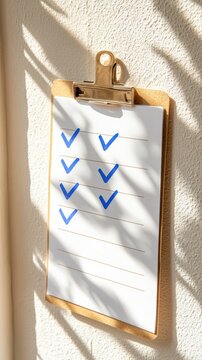 Minimal paper checklist with blue checkmarks on clipboard hook against pale beige wall with copy space