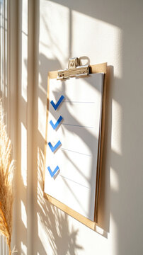 Minimal paper checklist with blue checkmarks on clipboard hook against pale beige wall with copy space