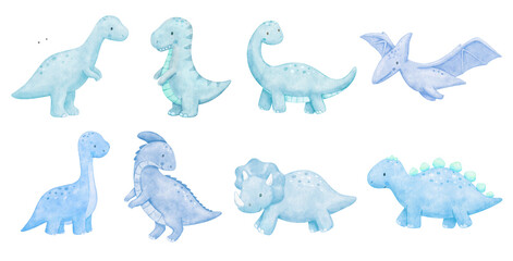 Cute cartoon blue dinosaur characters. Watercolour baby dino T-rex and triceratops for kids projects and childish nursery designs. Isolated illustrations set © Elena