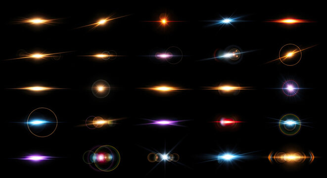 A collection of vibrant light flares and lens effects radiates across a dark background.