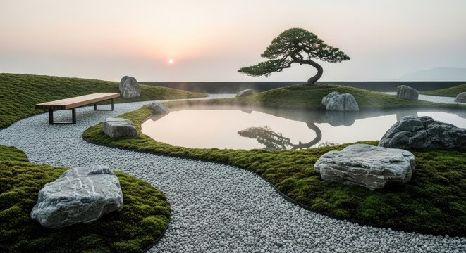 Zen garden with bonsai tree and reflecting pond.