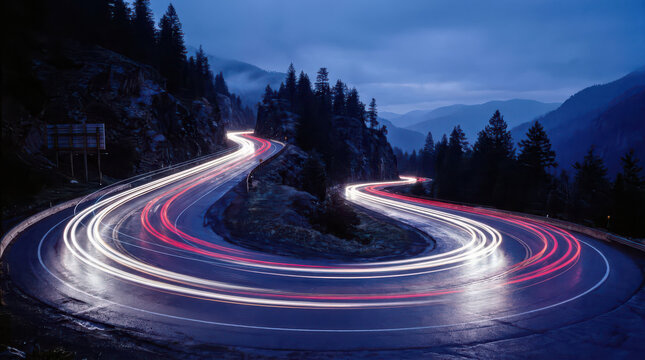 Winding Switchback Mountain Road at Twilight with Circular Red and White Car Light Trails Beneath Forested Hills, Symbolizing Scenic Drive, Adventure Travel and Long Exposure Photography