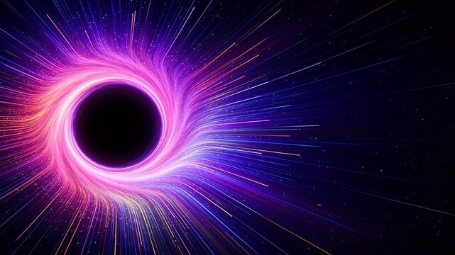 Cosmic black hole surrounded by swirling pink purple and blue light on deep space