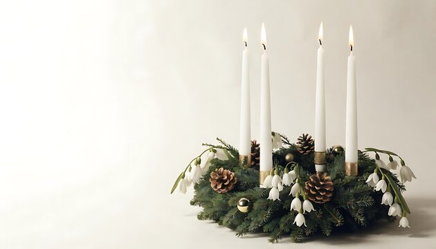 Christmas advent wreath with five burning white candles and natural decorations sunday image