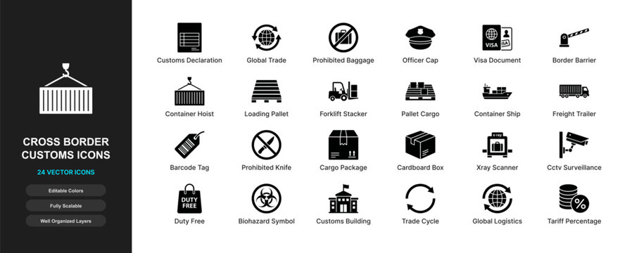Cross border customs flat icon set. International trade declaration, passport visa, checkpoint barrier, transit inspection symbols for web app ui design.