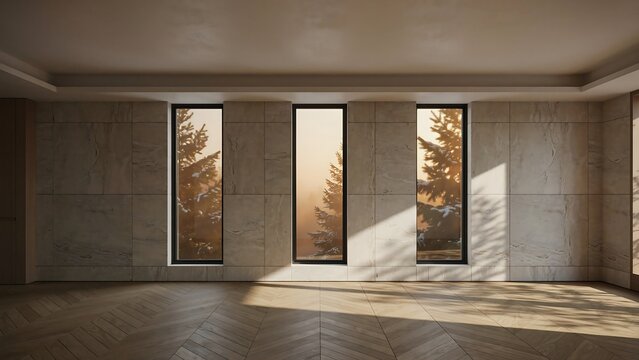 Contemporary interior with tall windows showing a misty winter forest at sunrise architecture room