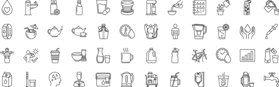 Hydration line icon set. Vector pictograms of fluid, water, bottle, and drink elements, thin linear illustration.