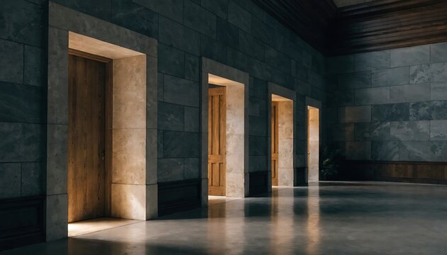 Hallway with multiple wooden doors set in stone walls with dramatic lighting interior architecture