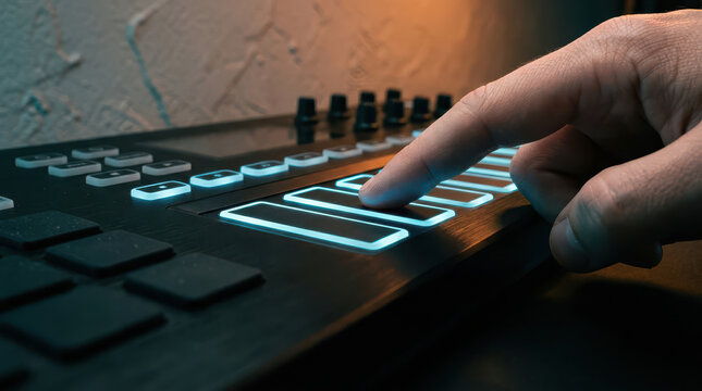 Close Up of Hand Pressing Illuminated Pad on Music Controller, Representing Sound Engineering, DJ Equipment, Beat Making, Studio Technology and Digital Music Production in Dark Studio