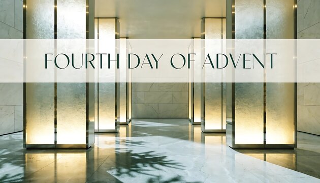 Illuminated pillars in a marble hallway with a banner reading Fourth Day of Advent christmas holiday