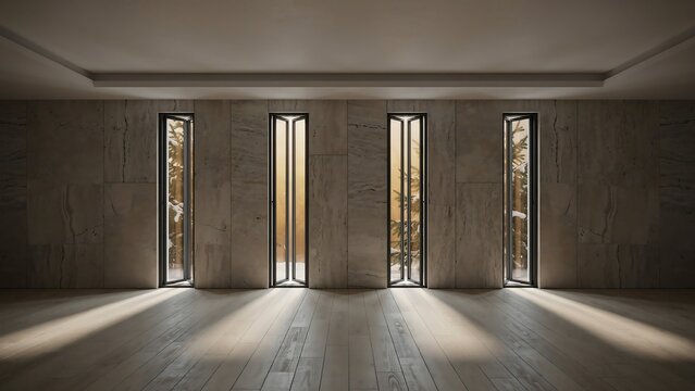 Modern interior with folding windows revealing a sunlit winter forest architecture room