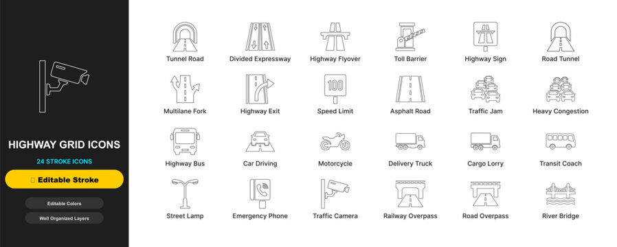 Highway road network line icon set with editable stroke. Grid expressway tunnel, freeway flyover overpass, multilane traffic route for web ui design.