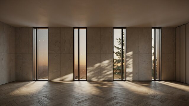 Modern minimalist interior with large windows overlooking a winter forest at sunset architecture