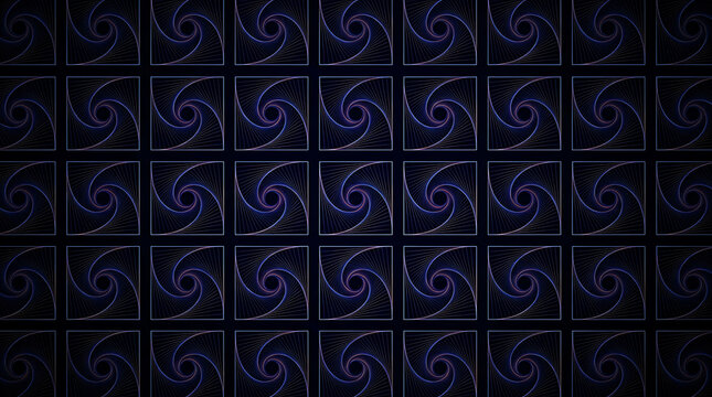 Abstract geometric seamless pattern with repeating square spiral lines in dark blue and purple gradient