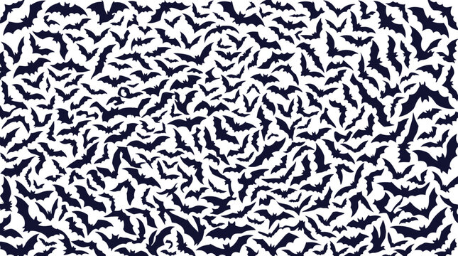 Large swarm of bats flying in a chaotic pattern silhouette
