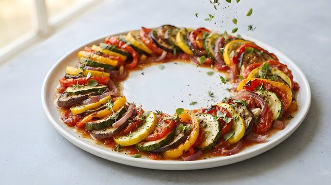 Fresh Homemade Ratatouille Arranged in a Circular Pattern on a White Plate with Sprinkled Herbs and Spices for a Healthy Gourmet Dinner