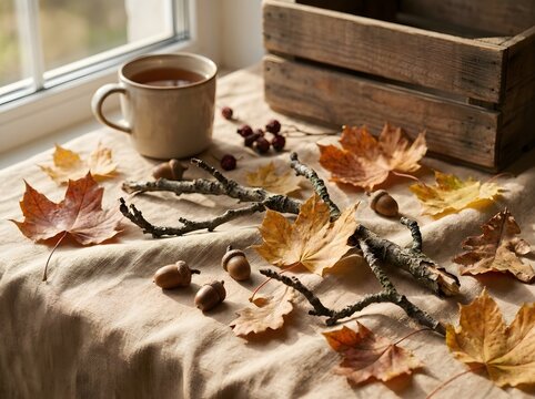 Cozy autumnal table setting featuring coffee, jewelry, and scattered leaves with natural daylight