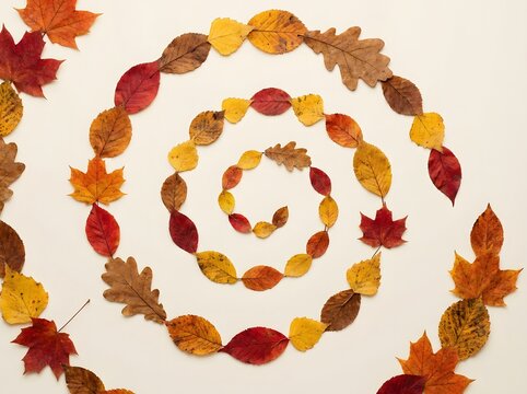 Colorful autumn leaves arranged in spiral pattern on neutral background for seasonal design projects