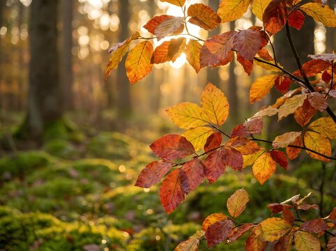 Colorful autumn leaves glowing in golden sunlight through dense forest canopy with dew drops