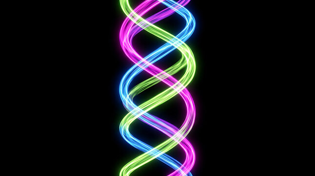 Abstract glowing colorful neon spiral light trails forming a vertical dna helix structure on dark background
