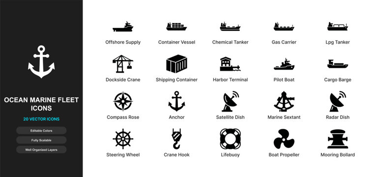 Ocean marine fleet flat icon set. Shipping offshore cargo vessel, chemical tanker, deepwater freighter, harbor terminal symbols for web app ui design.