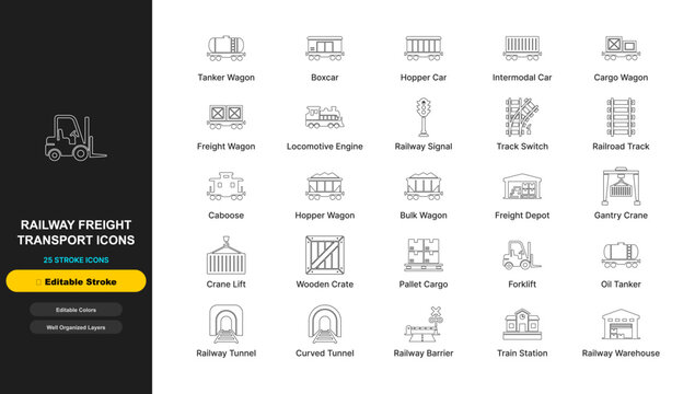 Railway freight train line icon set with editable stroke. Transport cargo locomotive engine, tanker wagon, intermodal boxcar, railroad track for web ui design.
