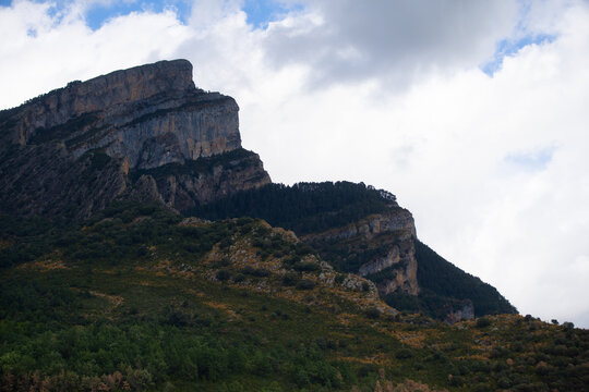 The Anisclo canyon seen from above in autumn, the erosion of the Bellos river in the mountains, in the Pyrenees of Huesca, Spain 