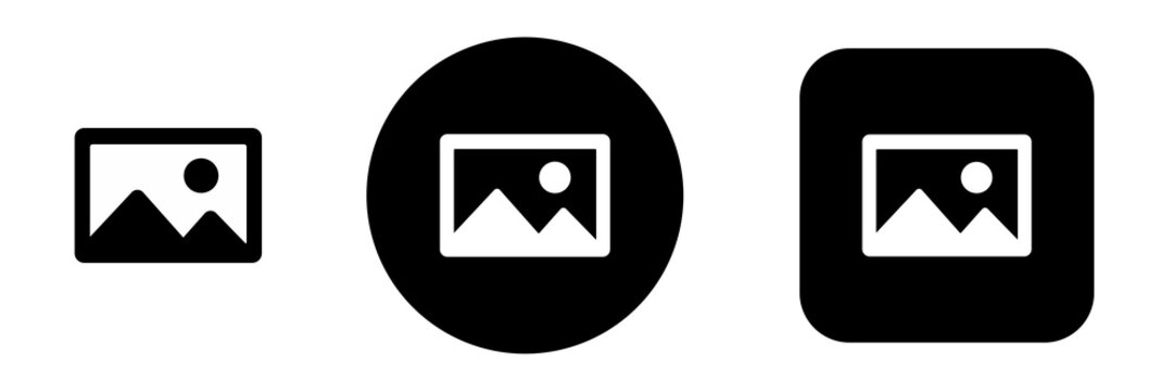 Photo gallery icon set with upload pictures symbols in solid button style. Image placeholder icons for multimedia, thumbnails, app and web interfaces