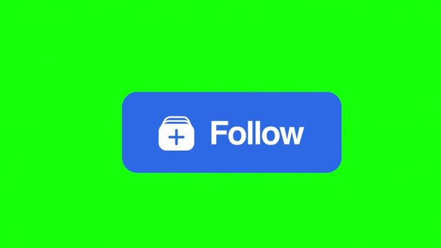 Follow button animation on green screen, blue social media interface element, digital subscription icon for video marketing and content creation