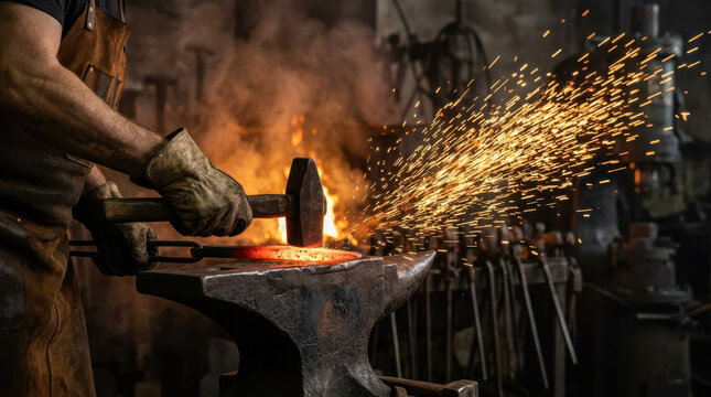 Medieval blacksmith working with glowing hot metal on an anvil in a rustic forge, surrounded by fire, sparks and dark stone walls, illustrating traditional craftsmanship and skilled metalworking