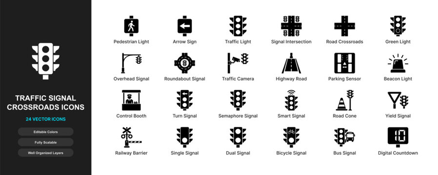 Traffic signal crossroads flat icon set. Lights intersection stoplight, pedestrian crossing signal, road light lantern symbols for web app ui design.