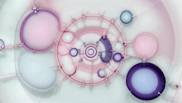 Minimalist 4K vector animation displaying a smooth abstract choreography of soft pink and pastel purple circular shapes floating across the screen ideal for minimalist social media graphics and