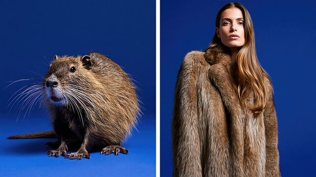 Comparison of muskrat rodent and woman wearing brown faux fur coat