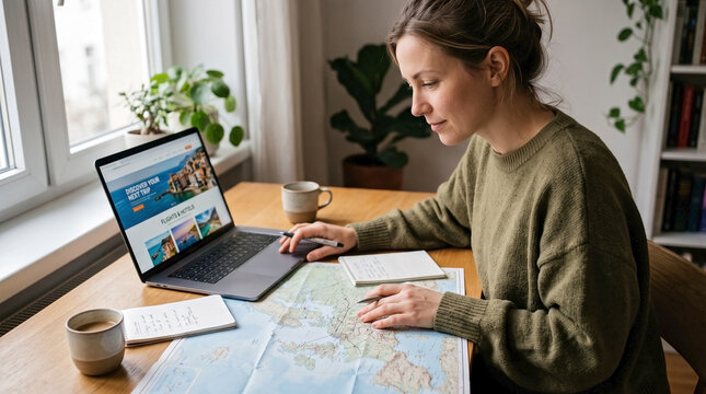 Woman engaged in focused vacation planning using laptop and paper map on wooden table. Detailed vacation planning involves researching destinations online, marking routes on large physical map.