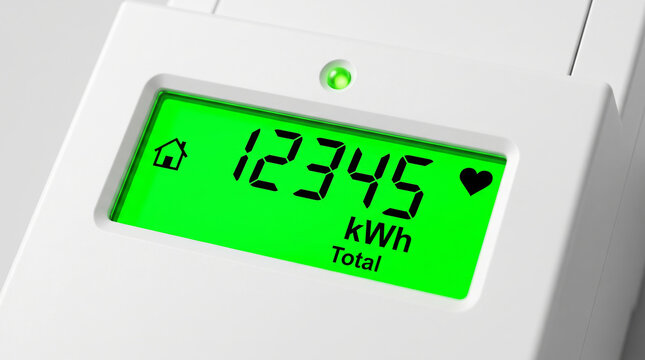 Smart electricity monitor supports grid energy tracking with bright green display. Renewable energy power. future technology innovation, network system efficiency, management control